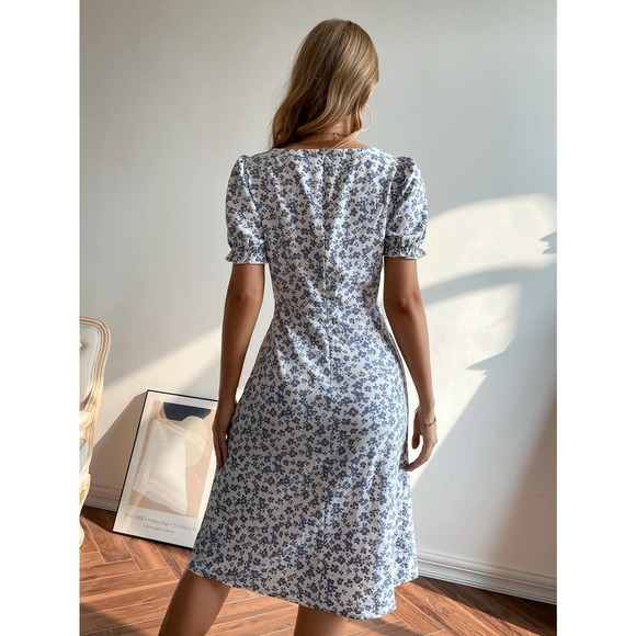 preppy Floral Print Puff Sleeve Split Thigh mini Dress - Picture 7 of 11